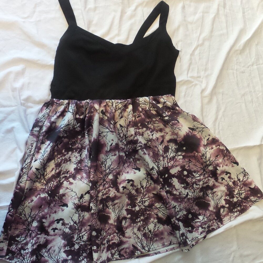Hot Topic Dress Size XL black bird purple sleeveless maxie with flare